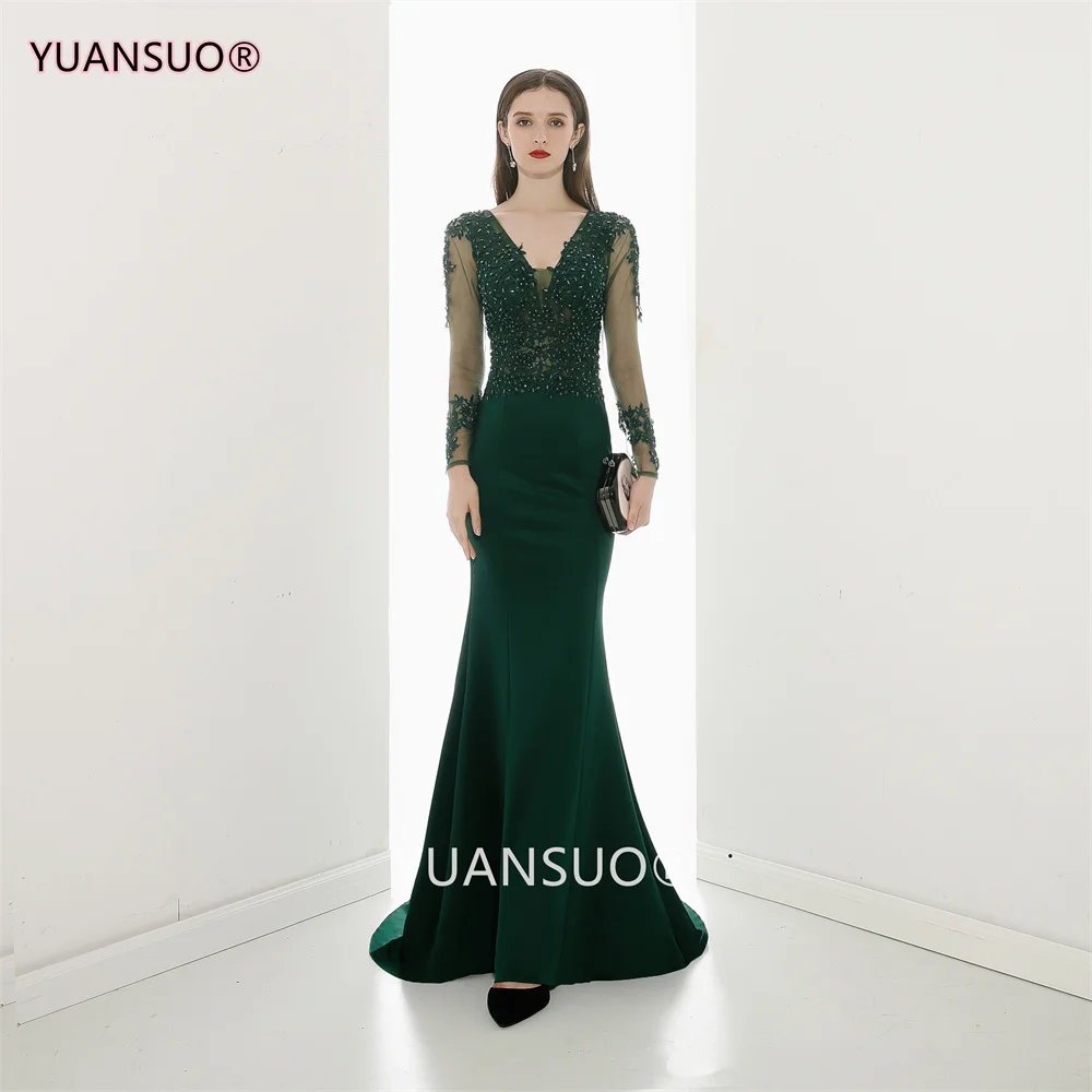 

Green Evening Dress with Appliques Stretchy Full Sleeves V-neck Zipper Mermaid Trumpet Floor Length Women's Party Formal Gown