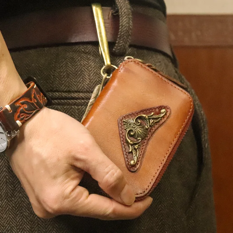 

Кошелек для ключей из натуральной кожи, мужской автомобильный держатель для ключей, сумка для ключей в стиле ретро, мужской кошелек, винтажный брелок для ключей, чехол для карт из воловьей кожи