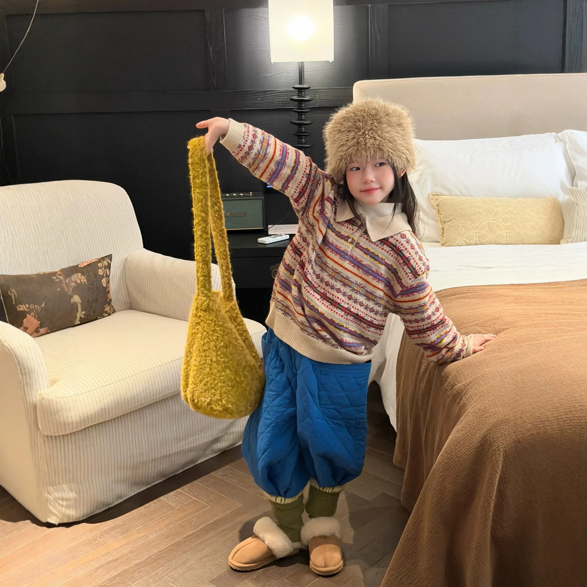 2026 Winter New Children's Retro Fer Island Collar Sweater, Girls' Atmosphere Striped Knitted Sweater