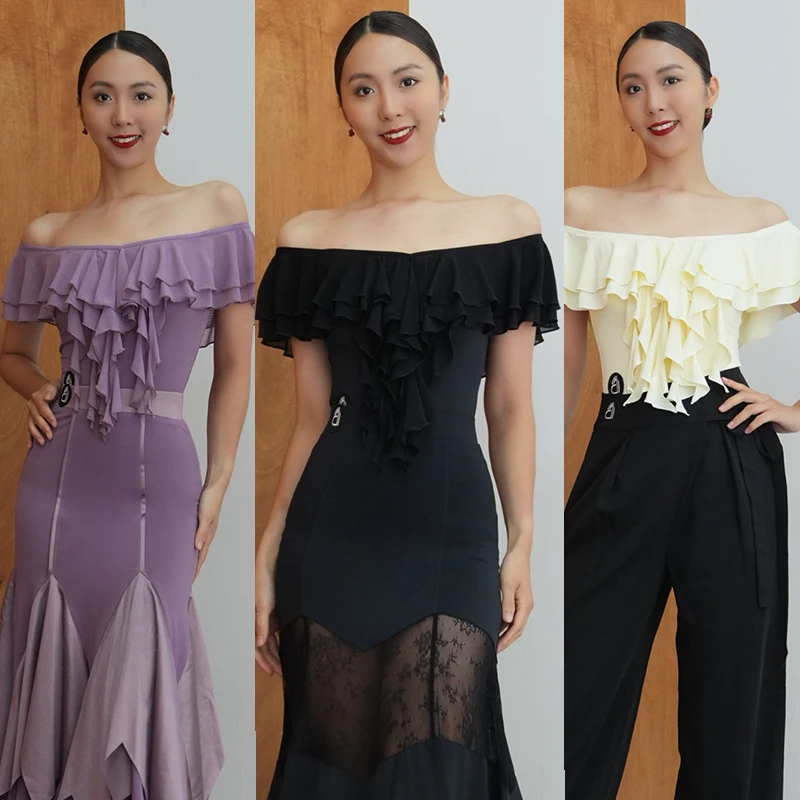 Nuevos Tops de baile de salón con cuello barco para mujer, ropa de práctica de baile latino, leotardos con volantes, trajes de baile Social de vals para adultos BL17235