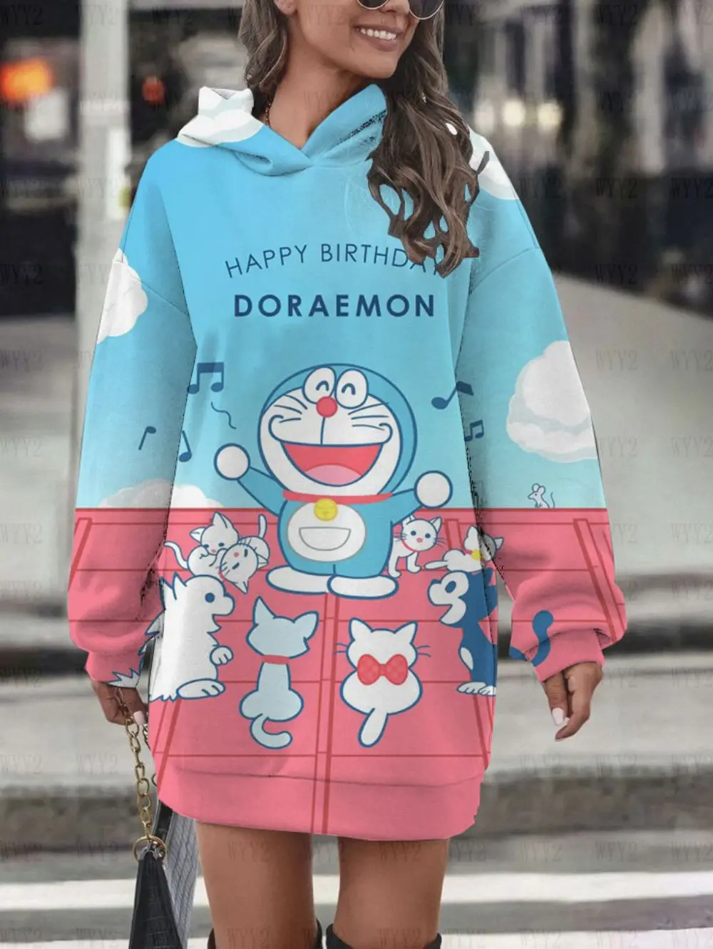 Fashion Street Casual Women's Hoodie Dress Cartoon Doraemon Print Girls Sweet Age-Reducing Hot Style Autumn and Winter Clothing