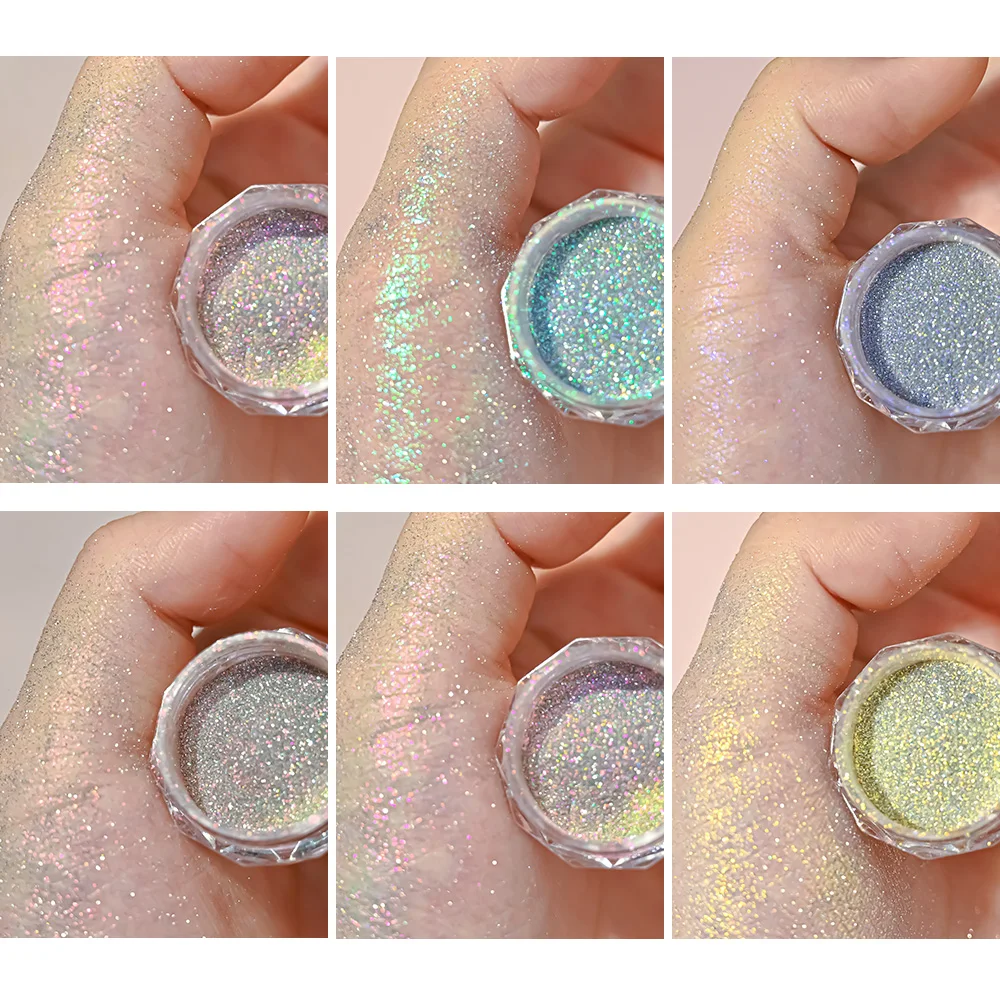 6 pz/set Aurora riflettente Nail Giltter paillettes Sparkly Flash Crystal Pigment pigmenti cromati unghie in polvere sfregamento fai da te sulla polvere