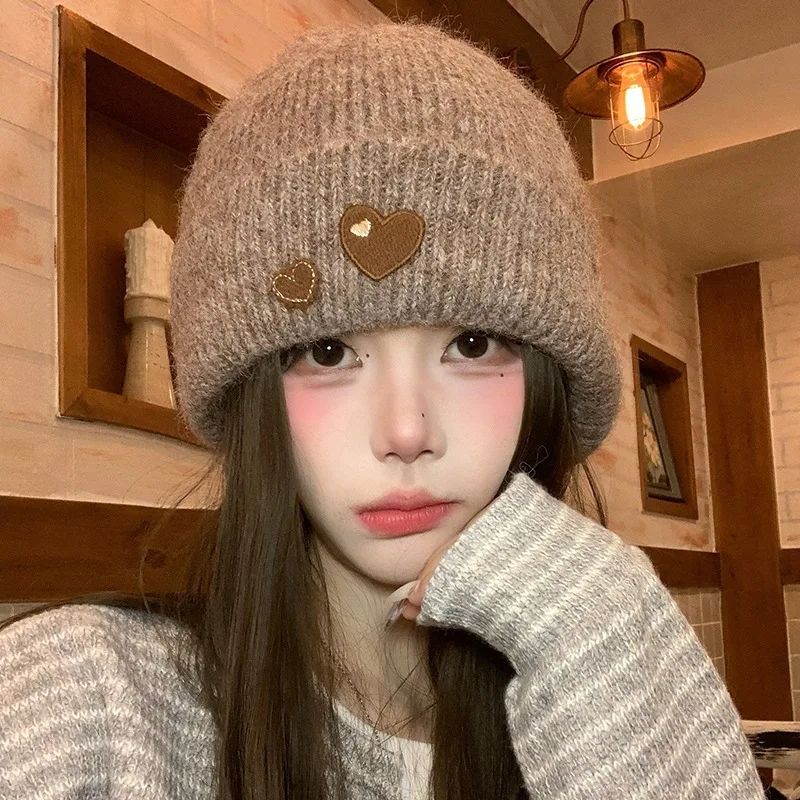 Women Winter Beanie Heart Patch Hat Warm Chunky Knit Cap Cute Love Embroidery Soft Lined Kawaii Adorable Knit Hat