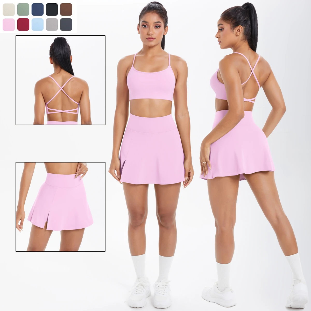 

New Strap Bra Sexy Backless Yoga Bra Summer Quick-Dry Prevent Light Leakage Culottes Workout Fitness Tennis Skirt Sport Yoga Set