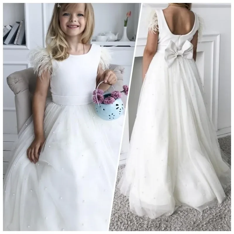 Customized White Flower Girls Dresses Sleeveless Pearls First Communion Floor Length Birthday Girls Dress for Party and Wedding