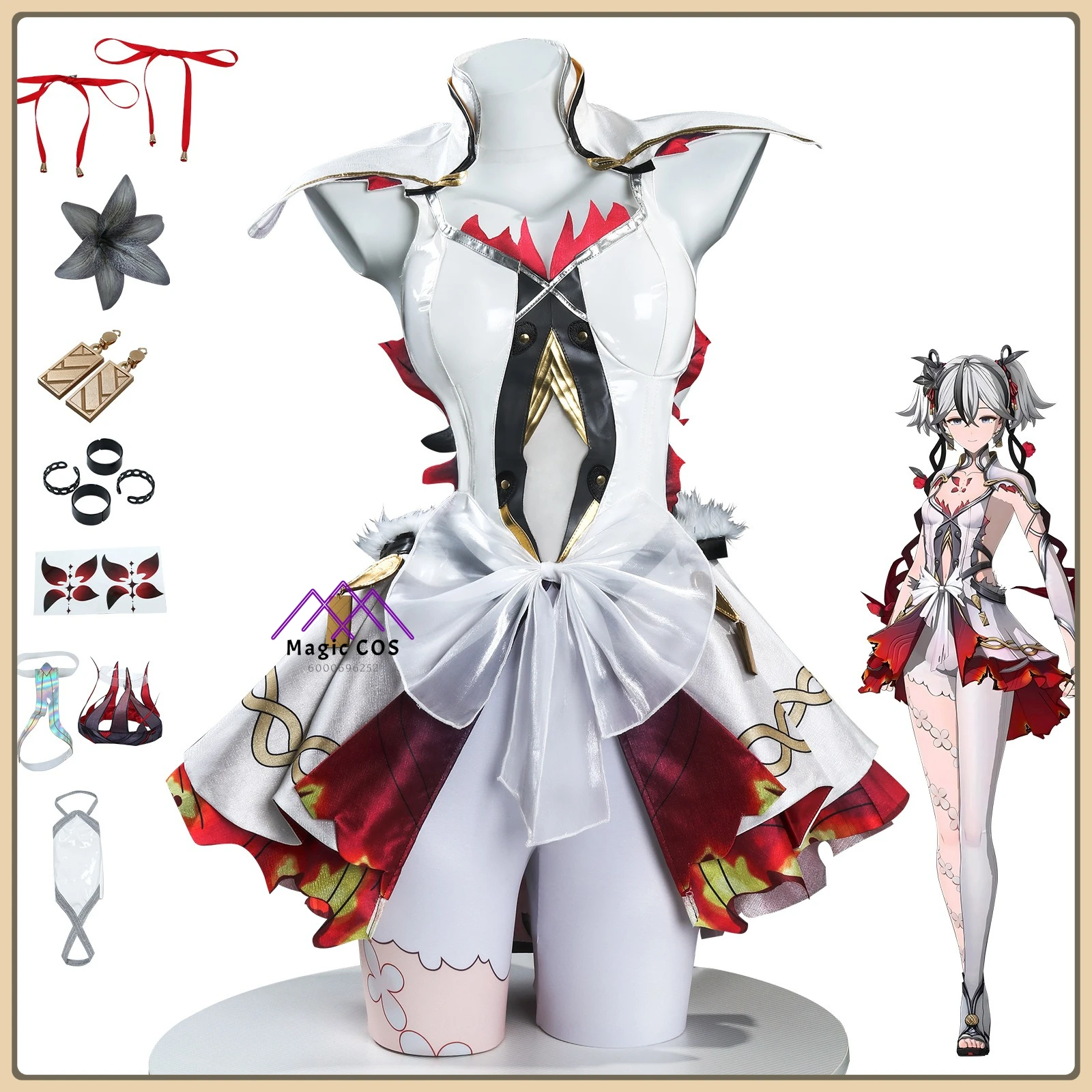 

Mingchao Chun Cosplay Costume White Dress with Red & Gold Trim High Quality Full Set Anime Outfit for Women Comic Con Party