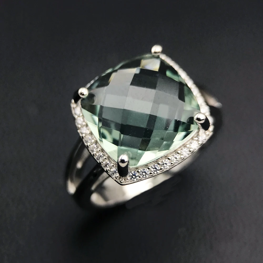 CSJ Elegant Green Amethyst Ring Cushion Cut12mm Gemstone Sterling 925 Silver Fine Jewelry for Women Girl Party with Gift Box