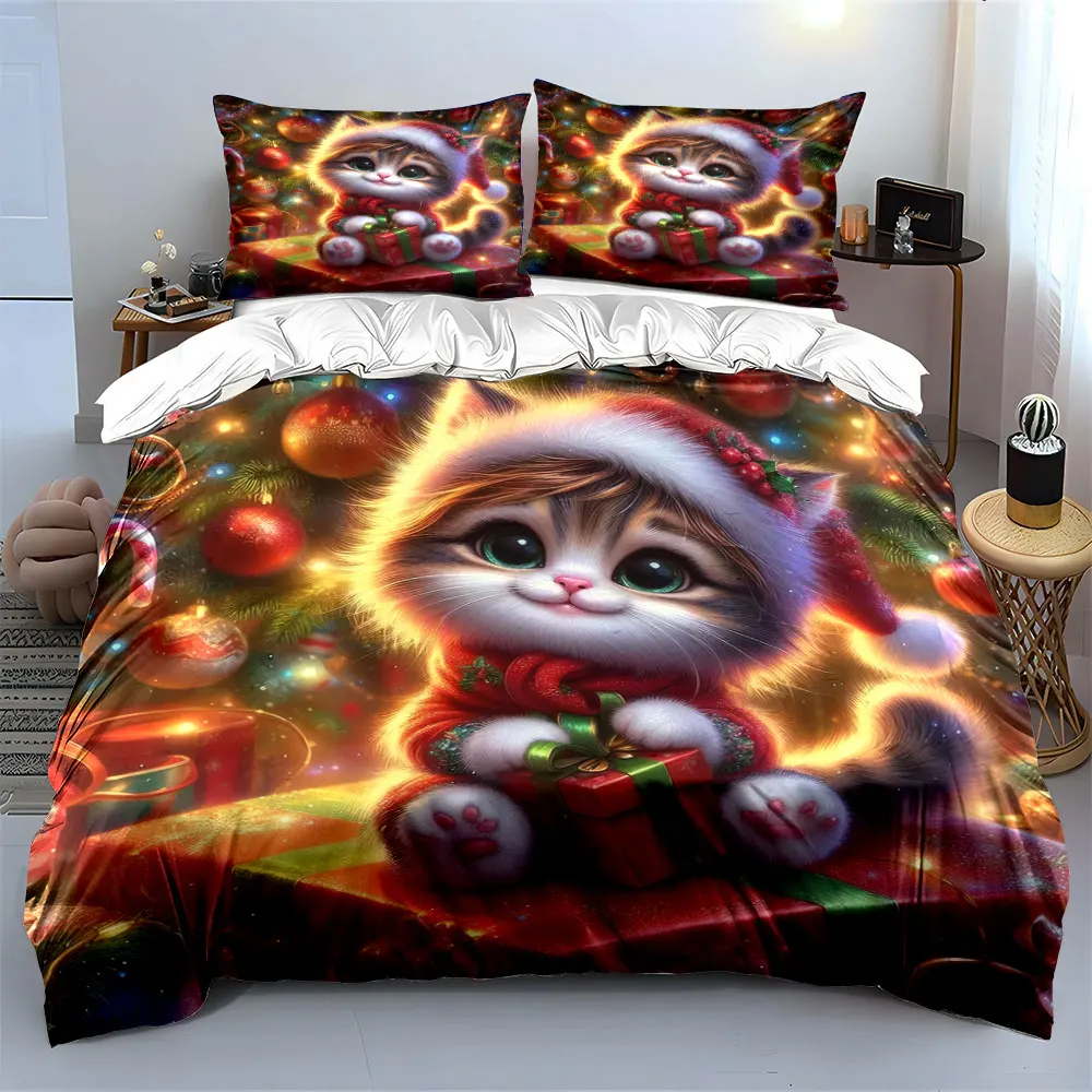 Festive kitten holding a gift with colorful Christmas decor Print Duvet Cover Bedding Set Included 1*Duvet Cover 2*Pillowcases