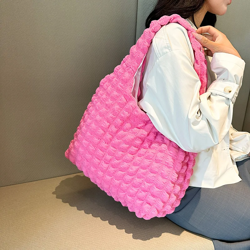 

Summer Pleated Bubble Cloud Women Shoulder Bag Vintage Candy Color Large Capacity Shopping Tote Bag