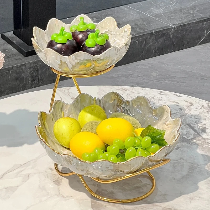 ‌European  Fruit Tray, Snack Stand for Living Room, Elegant Dessert Plate, Multi-Layer Candy Dish, Porcelain Bowl with Handle
