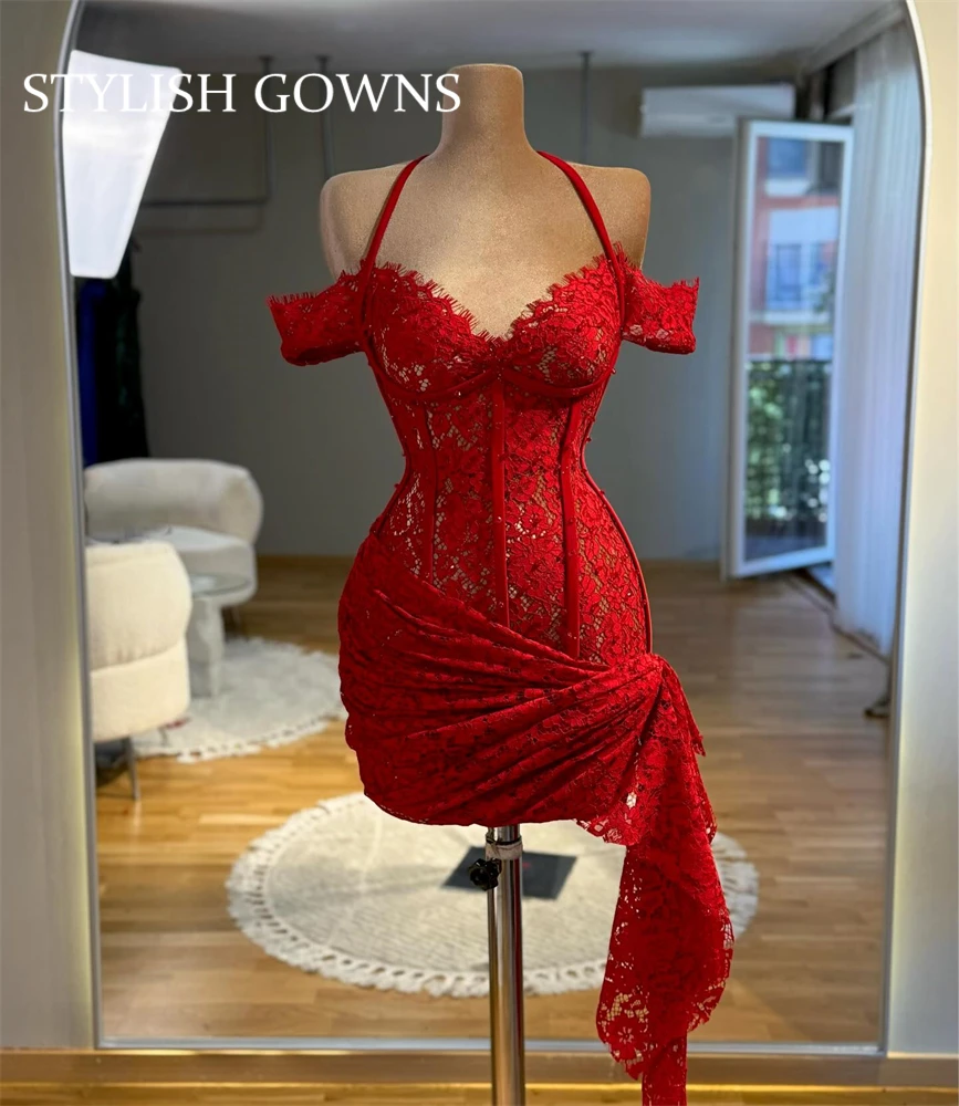 

Lace Red Prom Dresses Black Girls Short Mini Women Formal Evening Gowns Sleeveless Side Split Party Gowns Customized