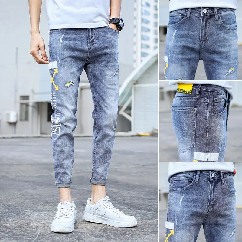 Summer 2022 Korean Teenagers Stretch Slim-fit Jeans Men\'s Ripped Casual Light-colored Brand Ankle Length Pants