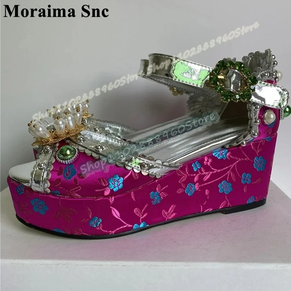 

Rose Red Satin Jewel Platform Embroider Sandals Wedges Heel Women Shoes Ankle Buckle Strap Peep Toe Luxury Banquet Women Sandals