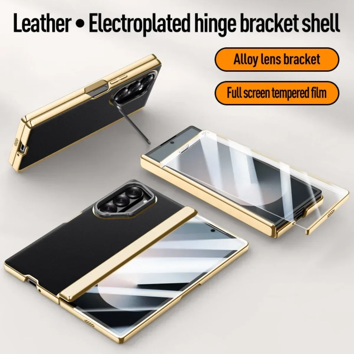 For Samsung Galaxy Z Fold 6 Case Ultra Thin Electroplated Leather Folding Hinge with Tempered Film Shockproof Cover Accessories