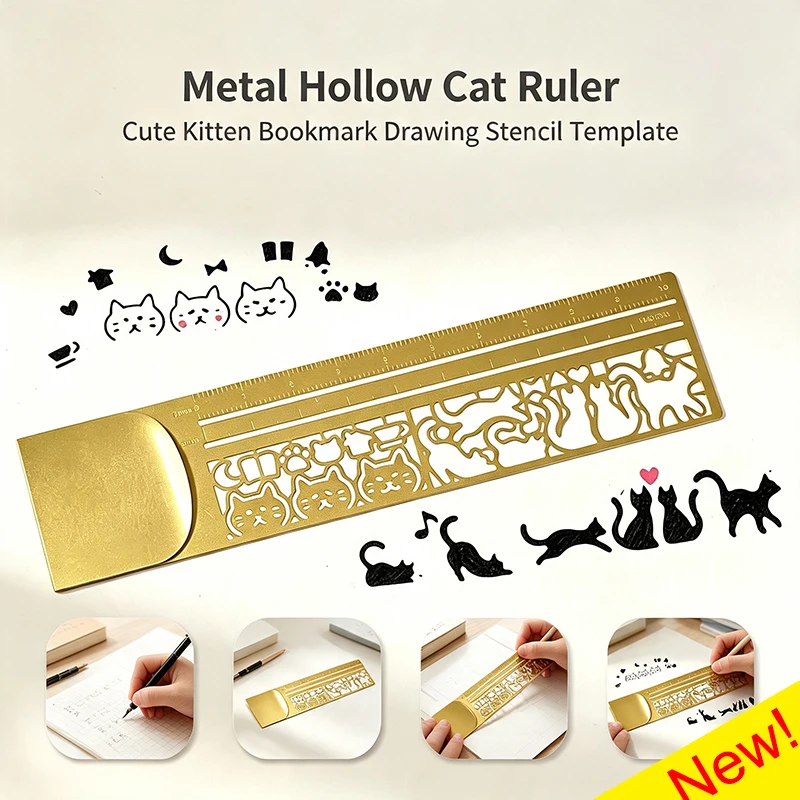 Cute Cat Hollow Metal Ruler Multifunctional Bookmark Drawing Stencil Template For Planner Notebook Scrapbooking Hand‑account