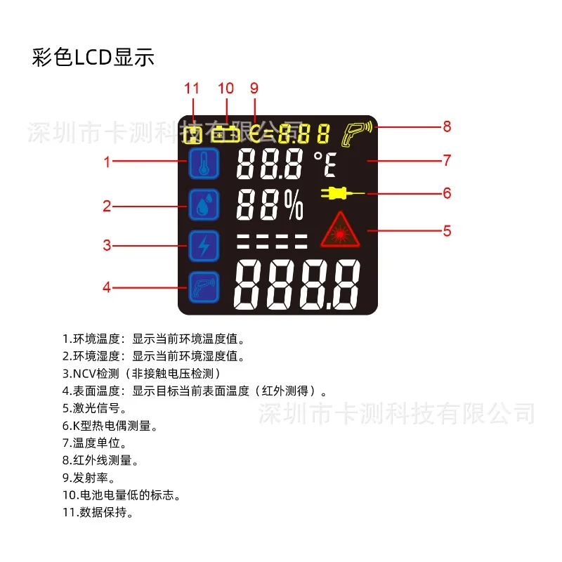 Digital Pyrometer K Thermocouple Infrared Thermometer Color Screen Temperature Gun Temperature/Humidity NCV Measurement