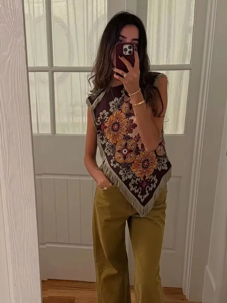 Vintage Quasten-Damenweste Bedruckt Ärmellos Unregelmäßige Kreuzfransen Damen-Tanktop Mode Damen Streetwear Sommer 2026 Streetwear