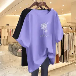 Women Clothing O-neck Short Sleeve 100 Cotton Basic T-shirts Summer Fashion Elegant Dandelion Printing Top Tee Loose Pullovers