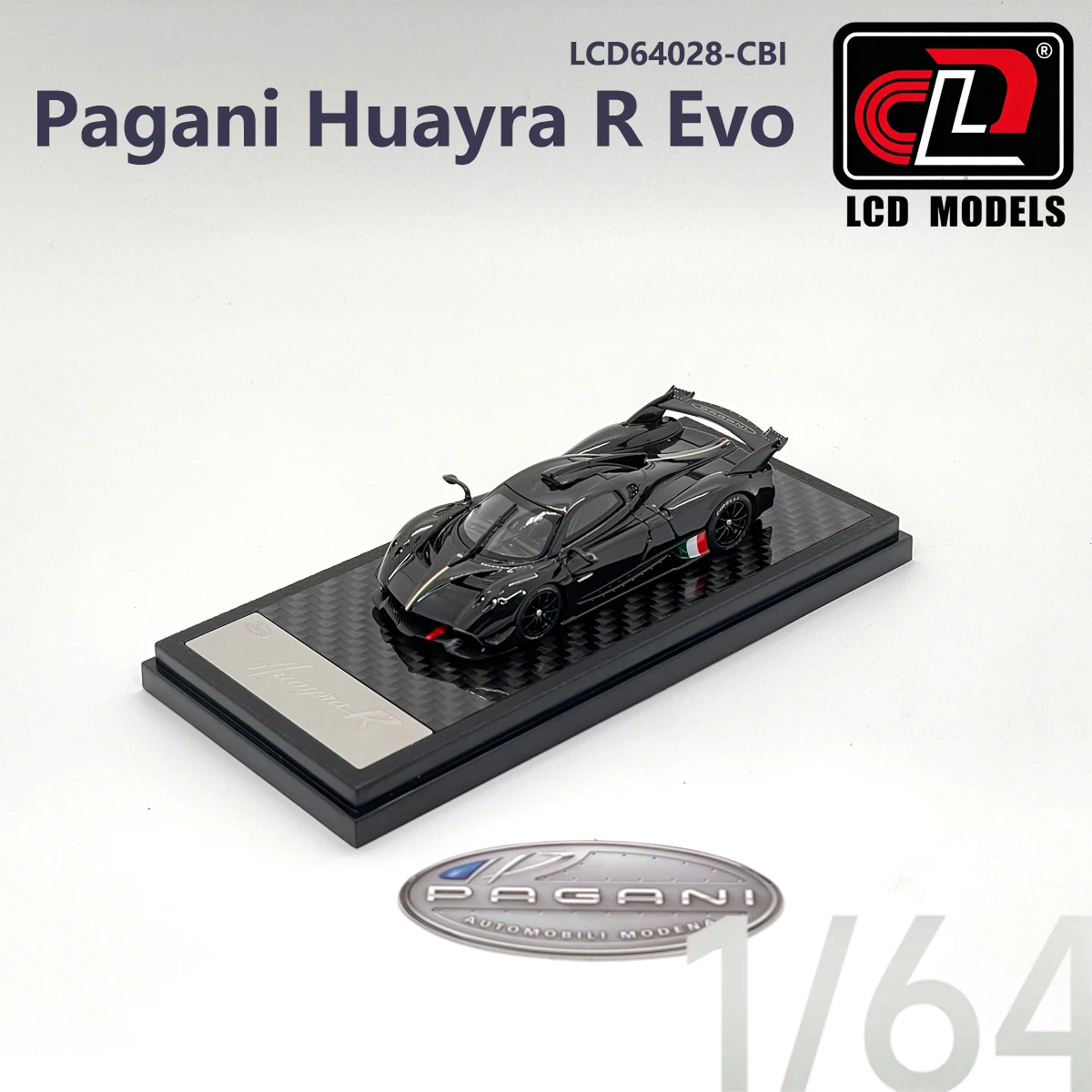 LCD64028-CBI 1:64 Pagani Huayra R Carbon Black с итальянским флагом, коллекционная модель автомобиля из сплава, коллекция хобби-суперкаров.