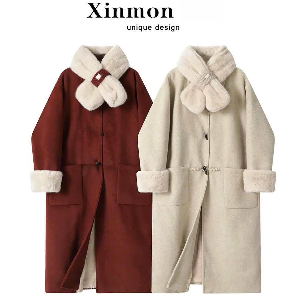 

Xinmon Vintage Design Faux Fur Lined Thiened Wool Coat Winter Long Women's Coat Collar Horn Button Pure Color Commute ...