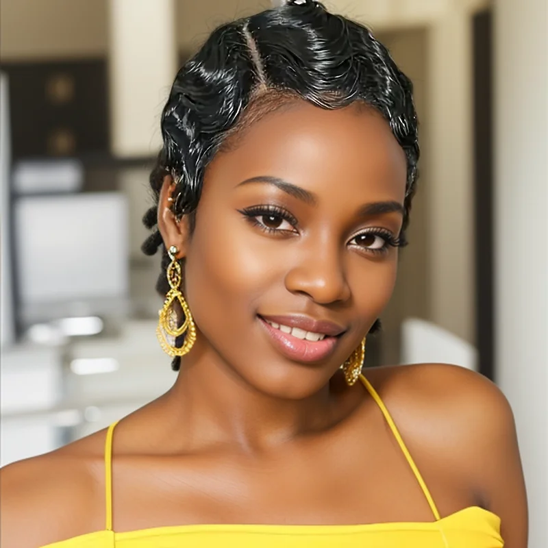 

Remy Human Hair Ocean Wavy Finger Wavy 13x4 Transparent Lace Frontal Wig