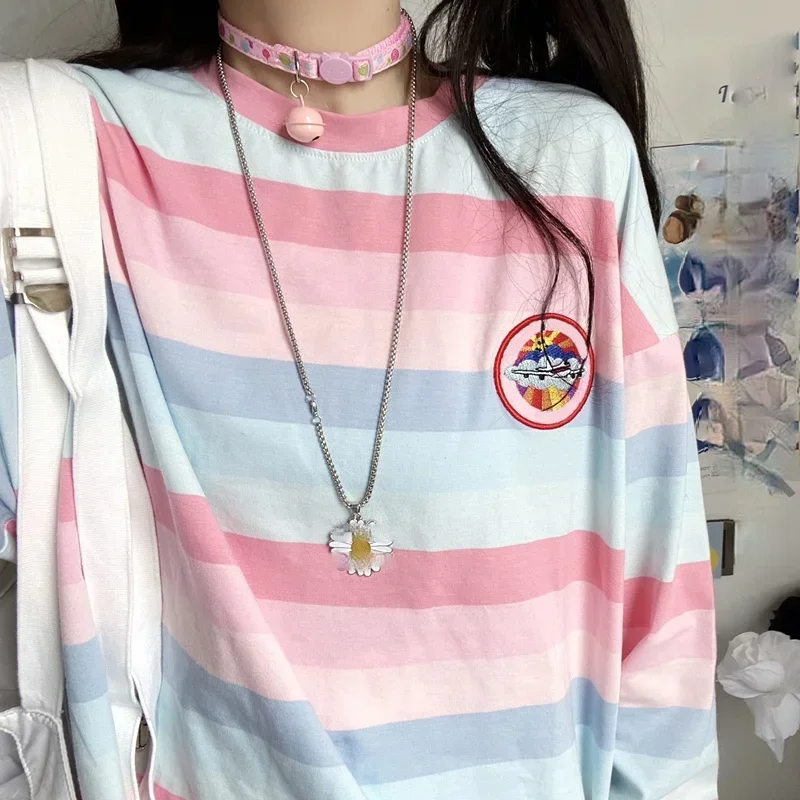 spring korean cute pink stripe t shirt Casual oversized embroidery Bottoming T-Shirts Women Long Sleeve student tops y2k clothes