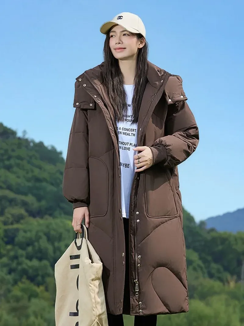 Vielleicht 2025 roupa de neve novo casaco de inverno sólido para mulheres jaqueta quente casual solto com capuz inverno jaqueta longa parkas