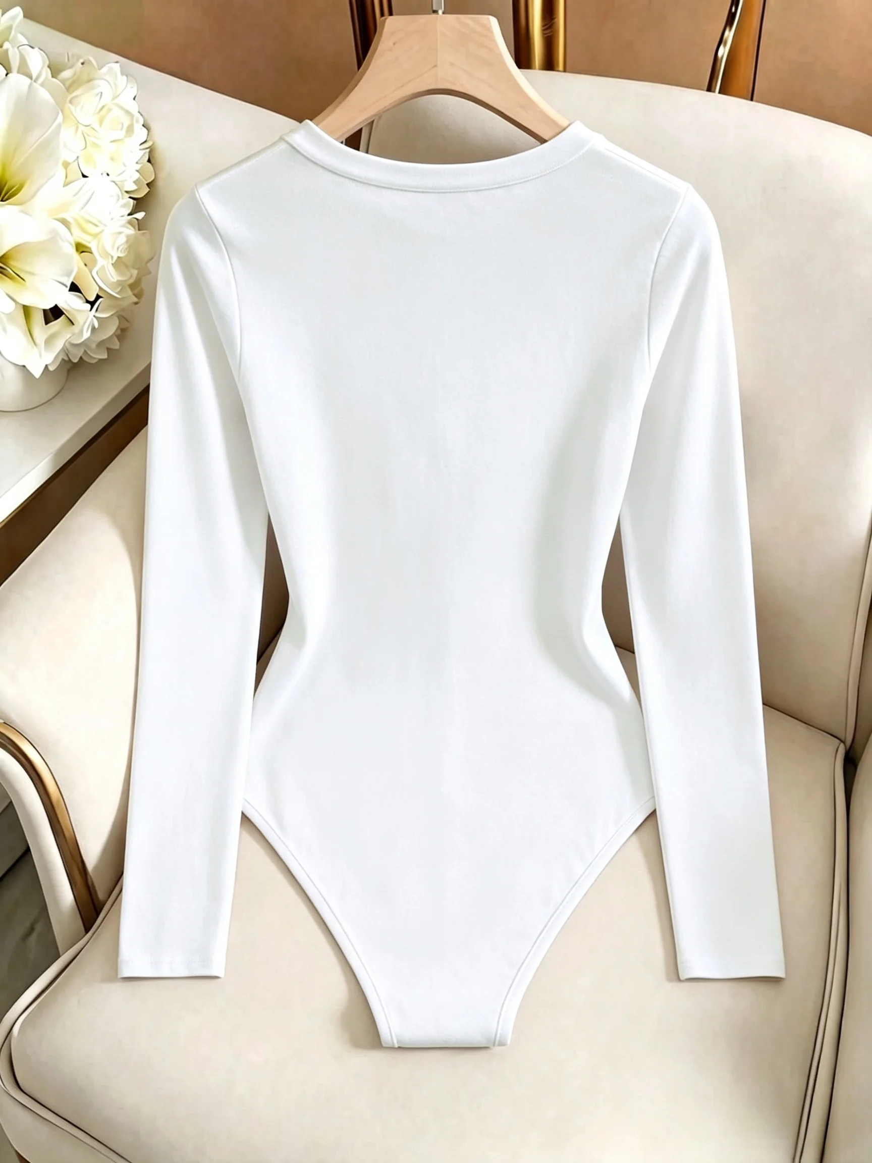 Damen-Body mit Rundhalsausschnitt und langen Ärmeln, hoch geschnitten, schmal geschnitten, figurbetont, Y2K, sexy, lässig, Basic, einteiliges Oberteil – Detail 19