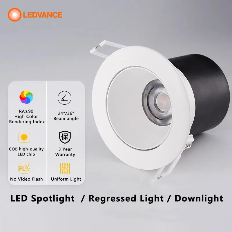 LEDVANCE LED Downlight Round Recessed Lamp 7W 9W 220V 3000K 4000K White 24° 36° Ceiling Lamp Spot Light For Home Illumination