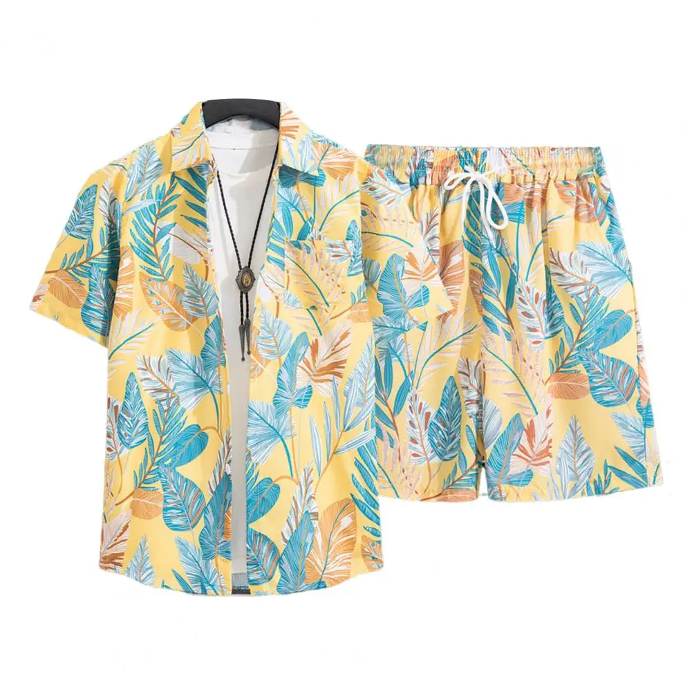 

Short Sleeve Top Shorts Set Men's Summer Casual Coconut Tree Print Shirt Shorts Set with Elastic Drawstring Waist Single for A