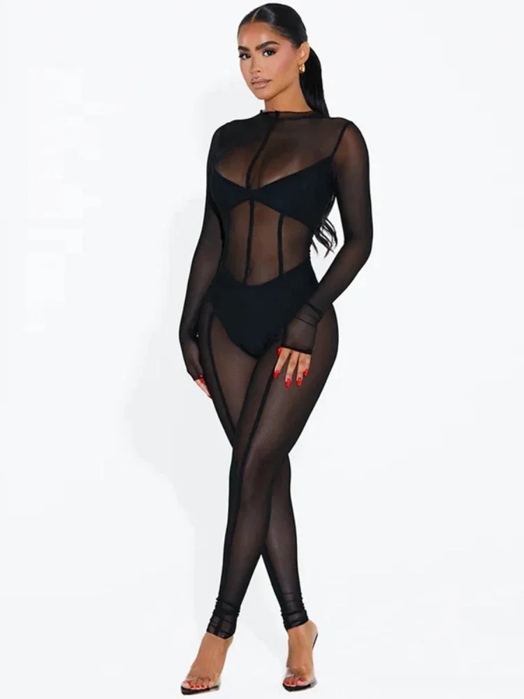 See Through Black Jumpsuit Long Sleeve Bodycon One Piece Outfit Women Sexy Combinaison Femme Mesh Patchwork Enterizos Para Mujer