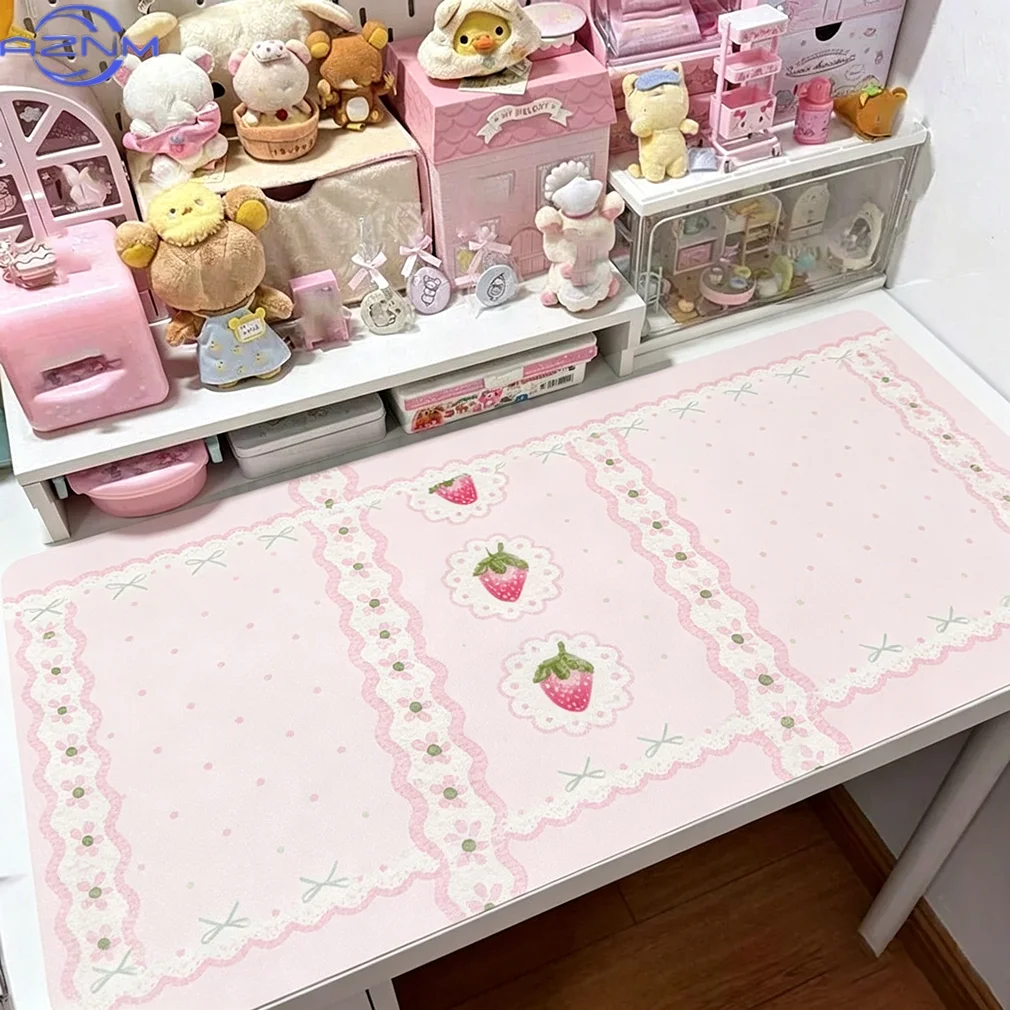 Desk Pad Protector Pink Strawberry Polka Dots Bow Lace Y2K Flower ins Mouse Pad Office Desk Mat PU Desk Blotter Pad