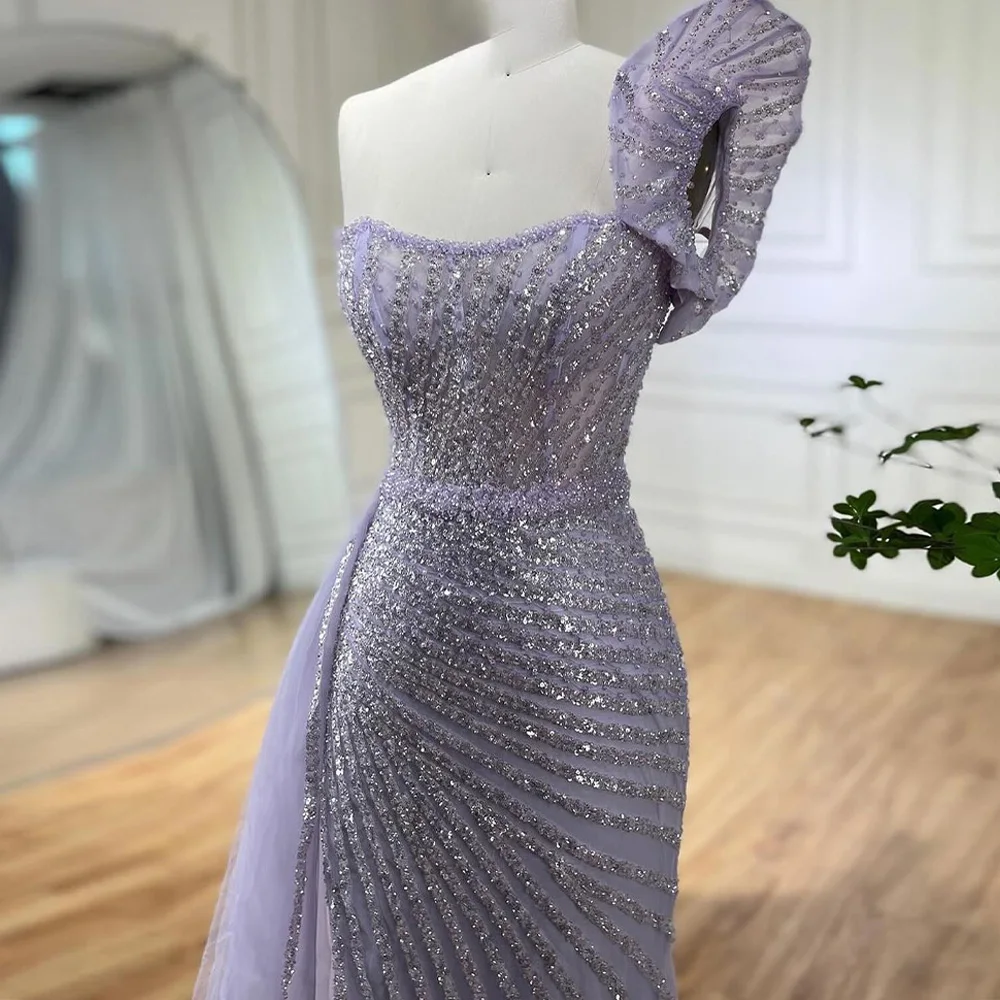 

Customized Sparkly and High Quality Sequined and Crystal One Shoulder Evening Dress Purple Tulle Strapless Backless Prom Gowns