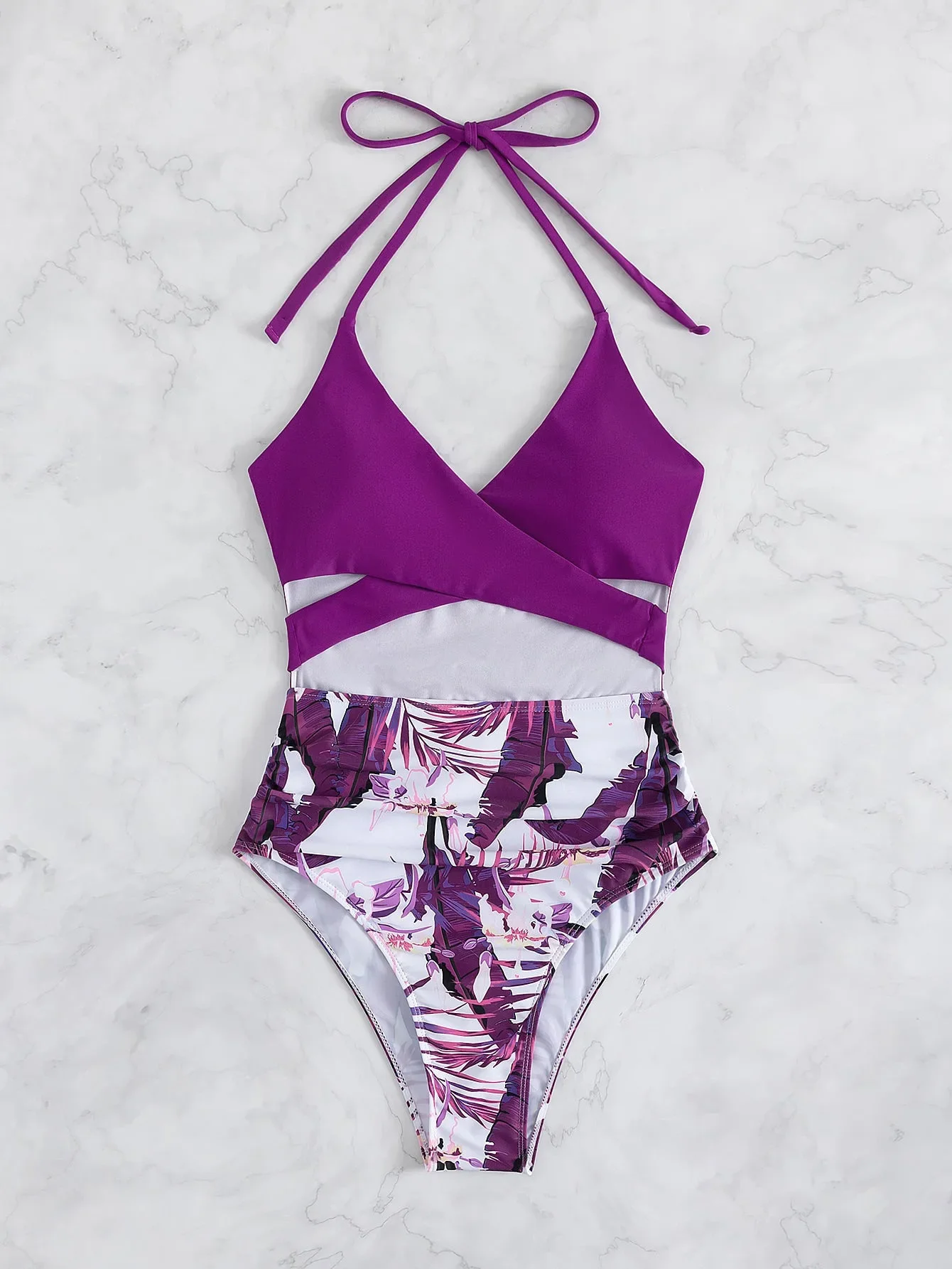 2024 New Women High Waist Bikini Set Halter Push Up Bikini Swimwear Printed Swimsuit Vintage Purple Bathing Suit Beachwear Pool