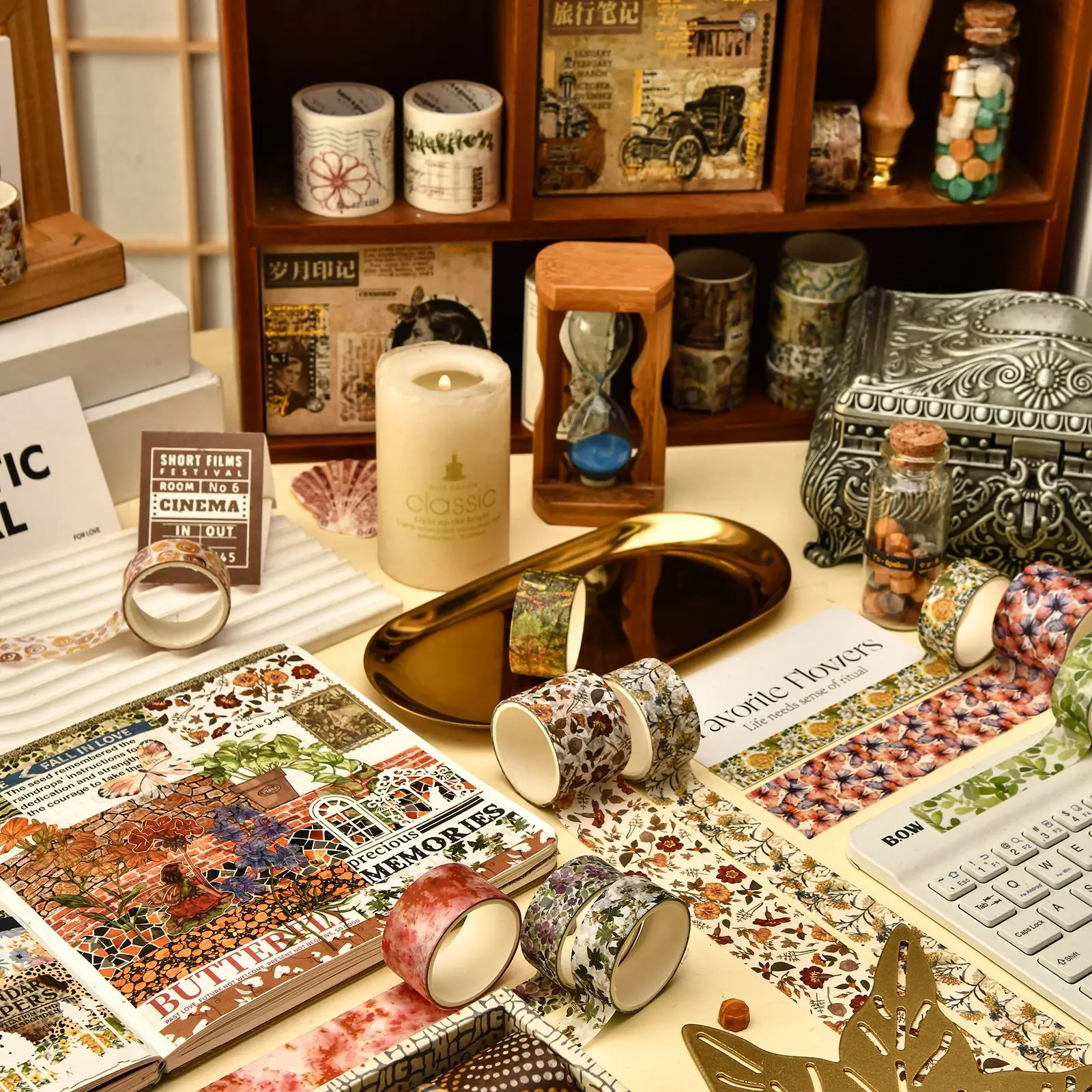 8 pezzi, nastro adesivo - Set di nastri Washi per acquerello vintage con lamina color oro - Nastro decorativo estetico, album di ritagli, artigianato fai-da-te