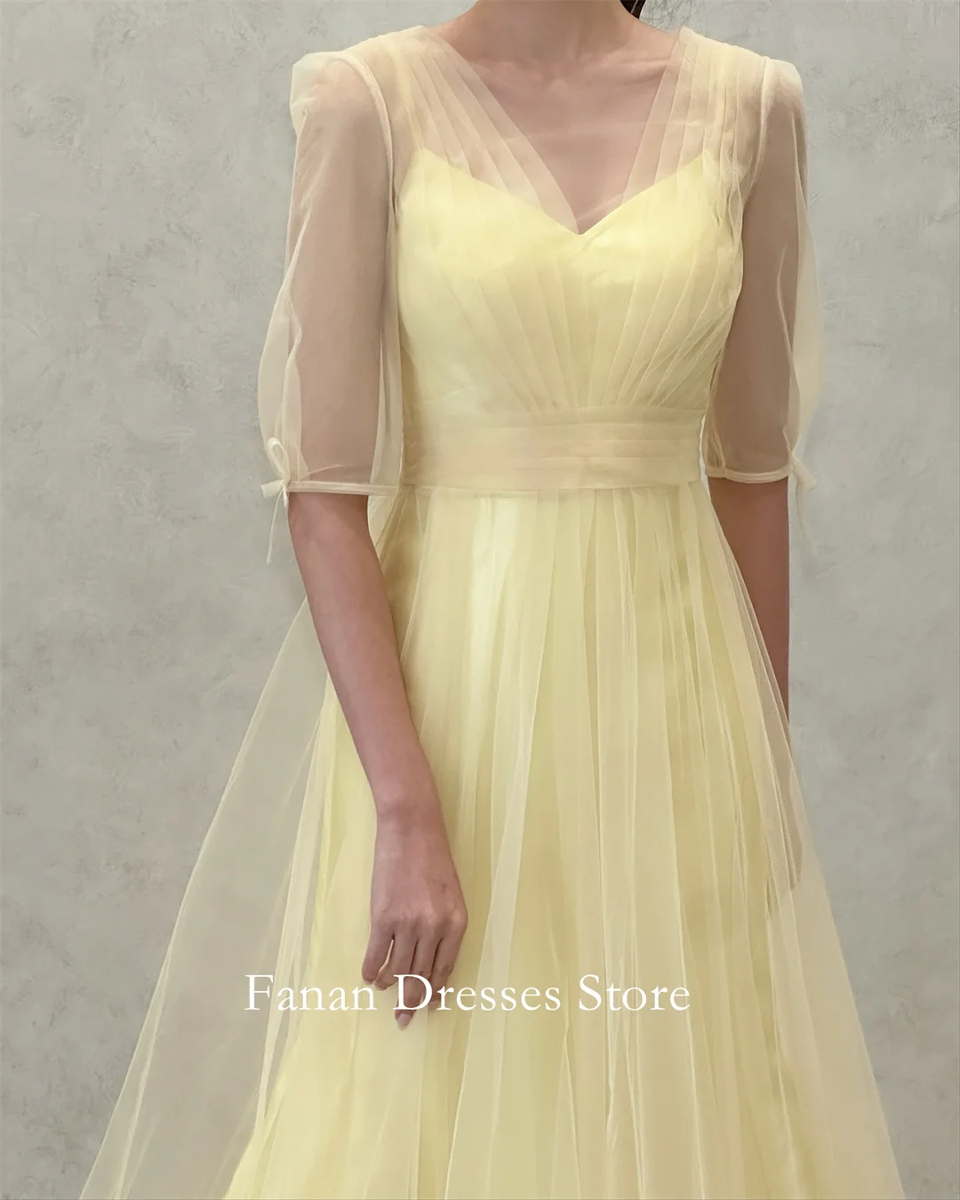 

FANAN V-образным вырезом трапециевидной формы вечерние платья Корея желтый тюль с короткими рукавами свадебные женские платья платья для выпускного вечера по индивидуальному заказу