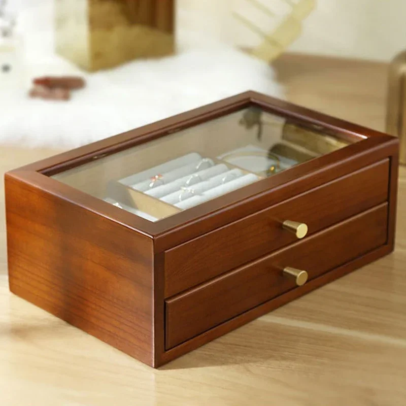 Solid Wood Jewelry Box Ring Holder Earring Organizer Bracelets Display Acrylic Cover Large Capacity Storage Boxes for Bedroom