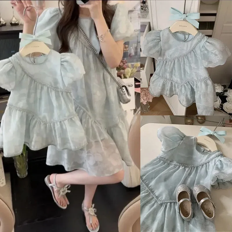 Summer Mom and Daughter Dresses Solid Family Matching Clothes Mummy Girls Princess One Piece Dress Women Elegant Clothing