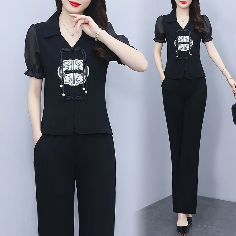 Summer Two-piece Set For Women knot Button Single-breasted Blouse Tops And Pants Female Large Size Slim Black Chinese style Suit