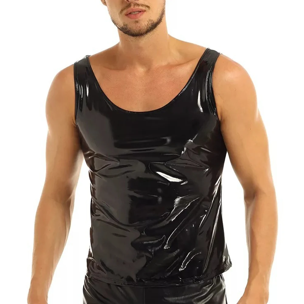 Men's Wet Look PVC Patent Leather Tank Vest Undershirt Tank Tops Round Neck Sleeveless T-Shirt Tops For Man