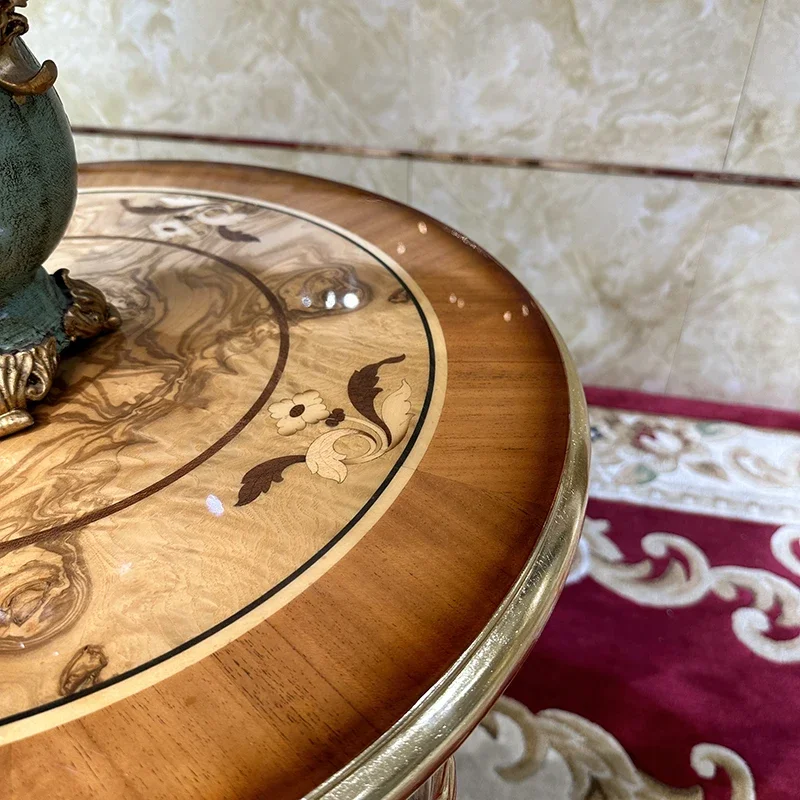 

French small round coffee table,European luxury solid wood living room corner sofa edge carved small round living room furniture