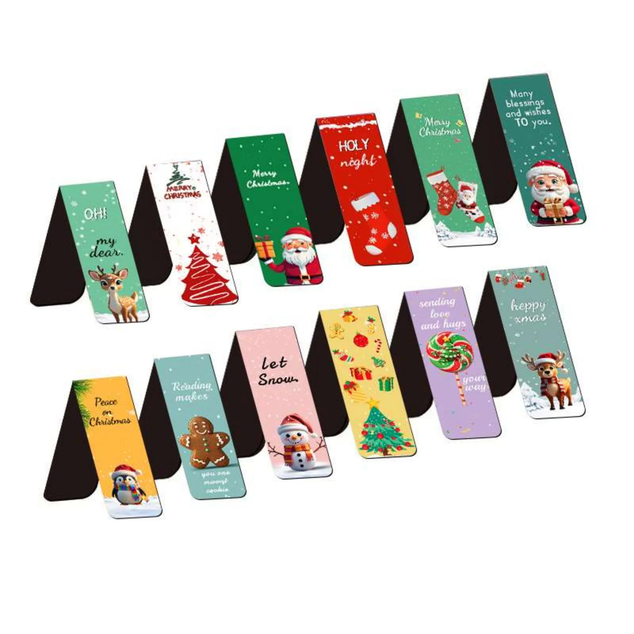 12pcs Polychrome Christmas Character Magnetic Bookmarks, Santa Claus Style, Festive Holiday Gift Tags for Students, Teachers, an