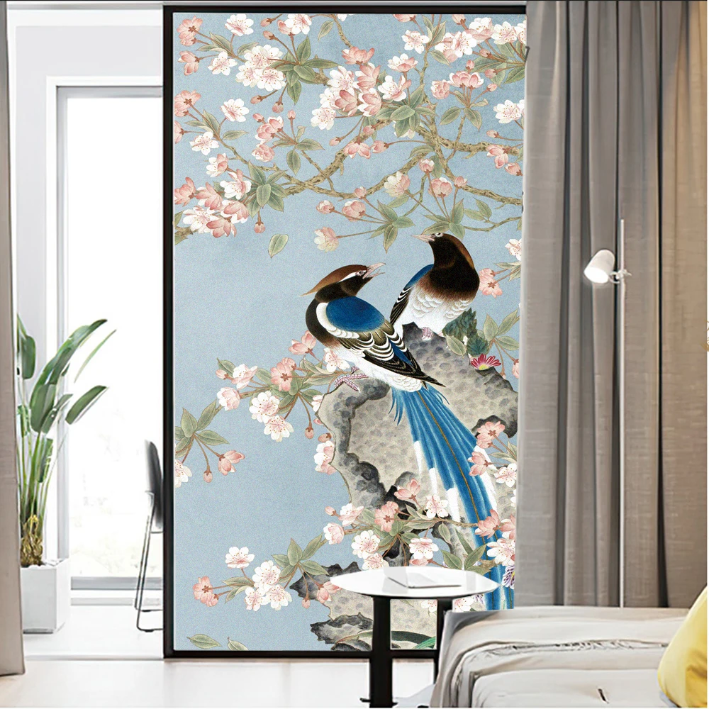 Window Film Privacy Frosted Glass Sticker Heat Insulation and Sunscreen Birds Flower Decoration Adhesive Sticker for Home