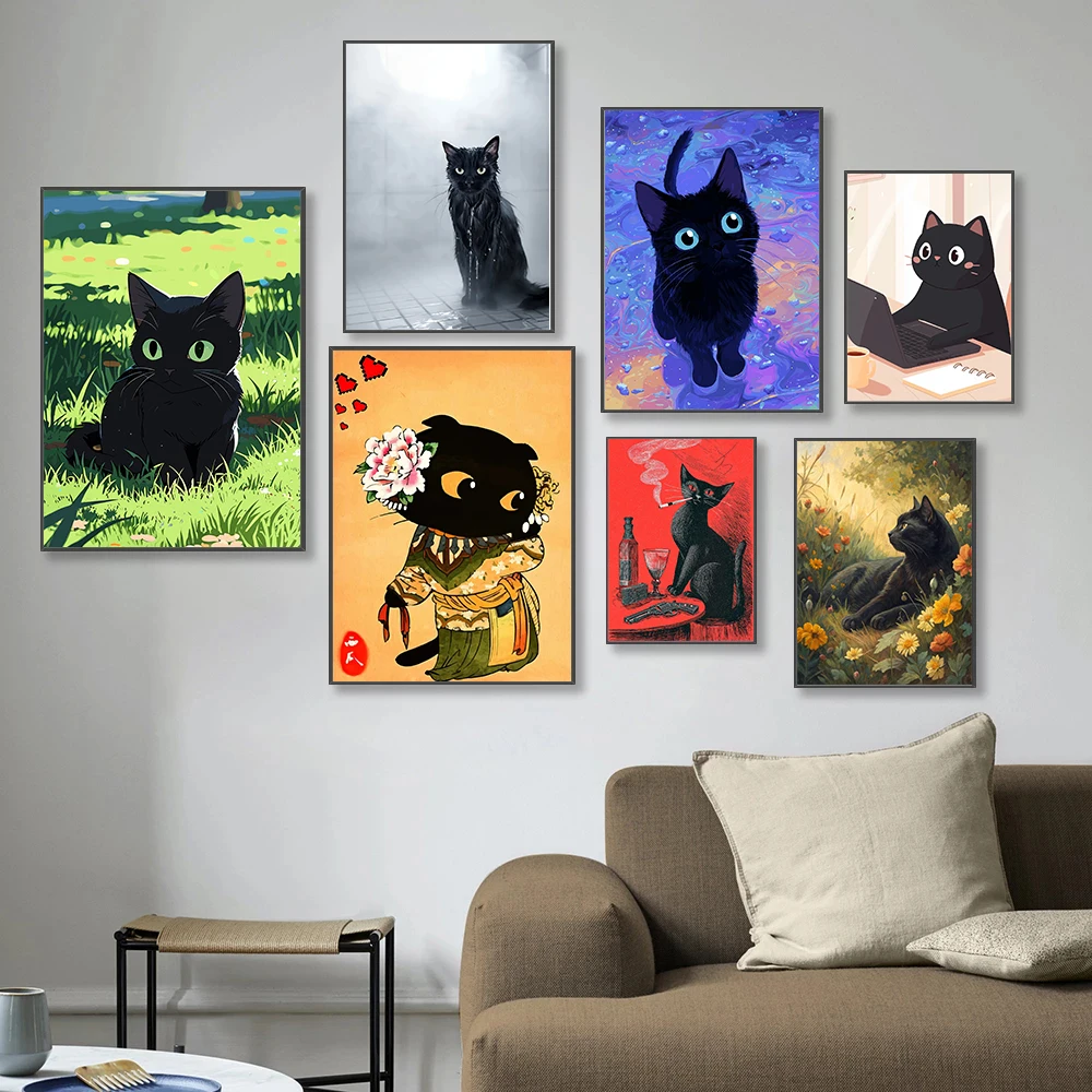 Schwarze Katzen-Poster Moderne Niedliche Tier-Drucke Leinwandgemälde Schwarze Katze Wandkunst Bilder Wohnzimmer Kätzchen Dekoration