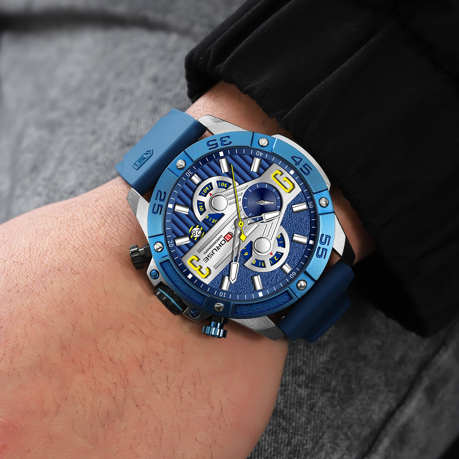 BORUSE Business Quartz Blue Watch for Men Luxury Wristwatches Chronograph Waterproof Casual Clock Montre Homme