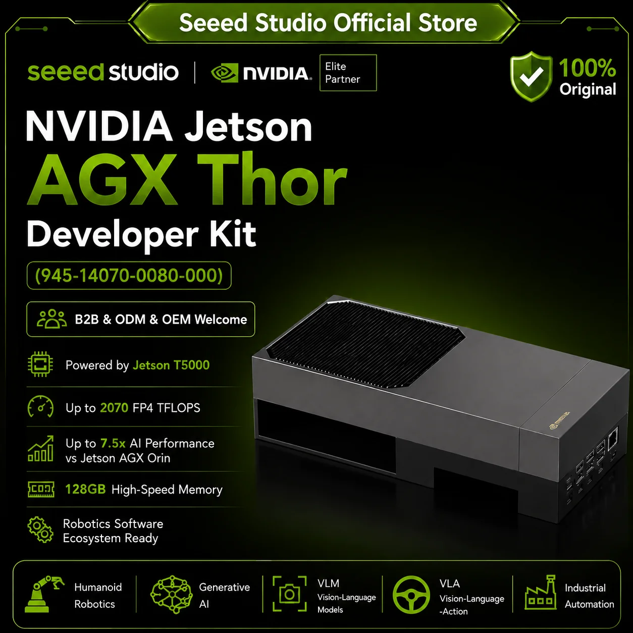 NVIDIA Jetson AGX Thor Developer Kit, Blackwell GPU 2070 FP4 TFLOPS, 128 GB LPDDR5X Memory,for Physical AI and Humanoid Robotics