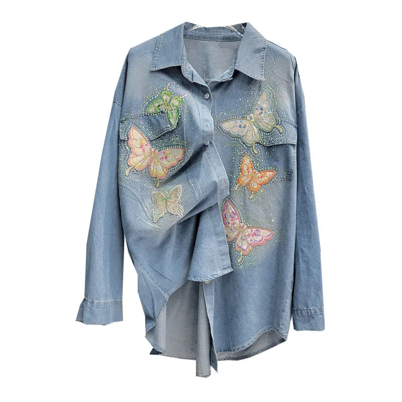 HKSH Spring Summer New Women Y2K Streetwear Vintage Fashion Casual Diamond Denim Butterfly Embroidery Long Sleeved Shirts HK5544