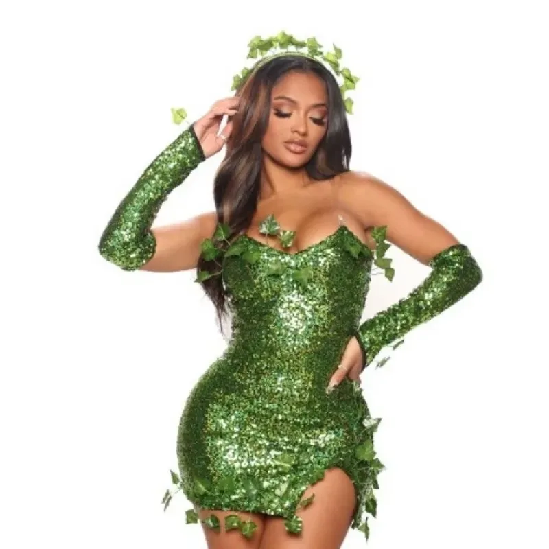 Halloween Costume Green Sexy Sequin Dress Adult Costume Leaf Sequin Dance Costume Cosplay Costume Women