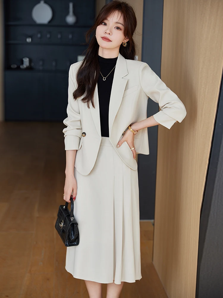

White Suit Jacket Women Spring Autumn High-End Feeling Two-Piece Set Skirt Ensemble Professional Commute Style Polyester