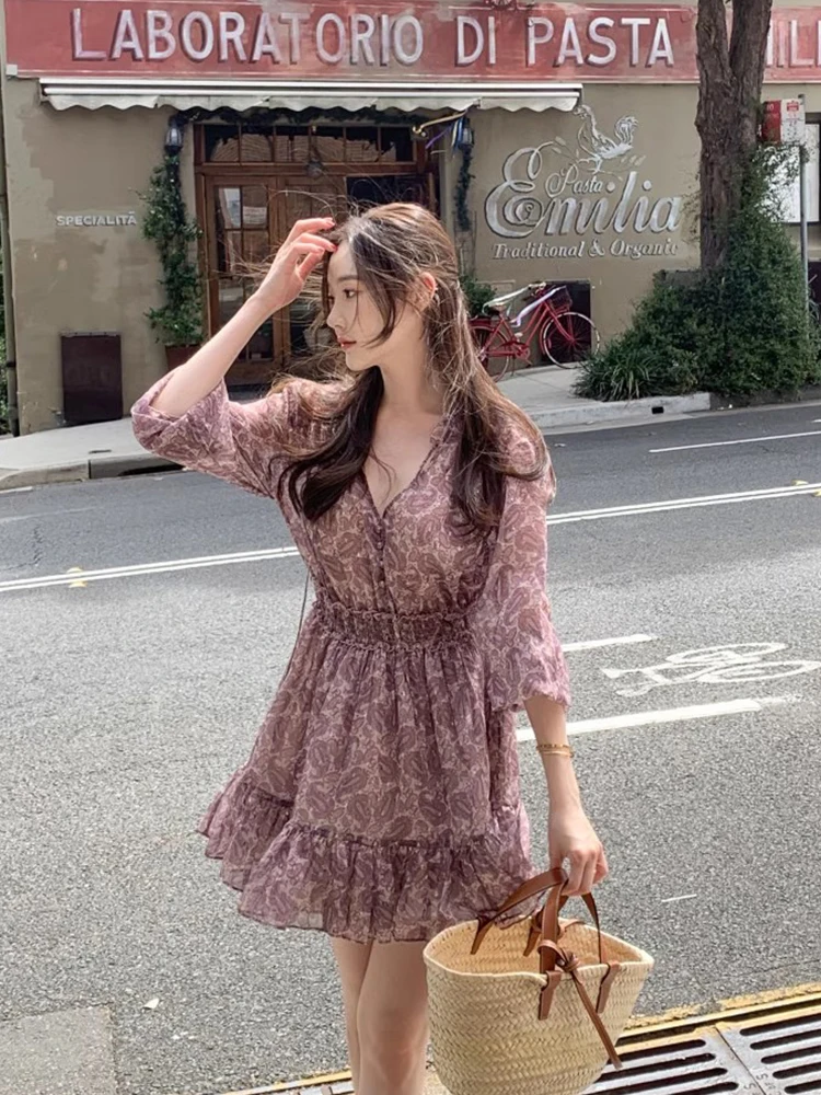 Korejpaa Korean Fashion Women Dress 2024 Spring French Elegant Ruffle Flower Printed Mini Dresses Casual Slim Chiffon Vestidos